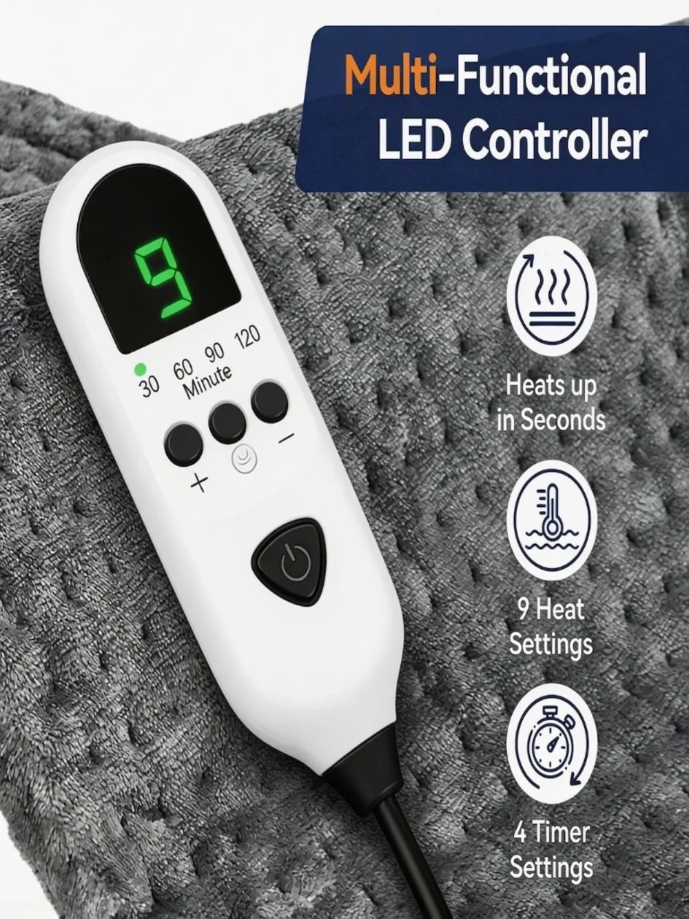 Electric Heating Pad 12x24 King Size Back Pain Relief 9 Heat Settings Gray XL